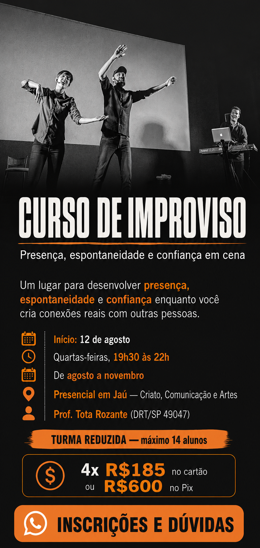 Curso de Improviso — Criato. Início 12 de agosto, quartas 19h30 às 22h, em Jaú.